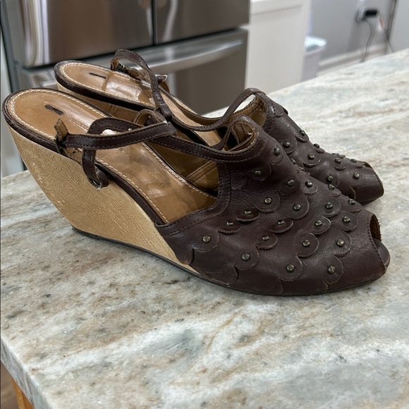 Schuler & Sons Philadelphia peep toe wedge shoes size 40 buckle strap brown - Picture 4 of 14